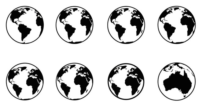 Silhouette globe set with different continents in circular design