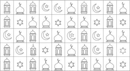 Obraz premium Linear islamic and jewish religious symbols pattern in seamless grid