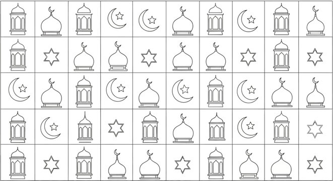 Linear islamic and jewish religious symbols pattern in seamless grid