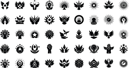 Obraz premium Collection of black and white symbolic logos with fists, Wings, Stars, And suns on white background