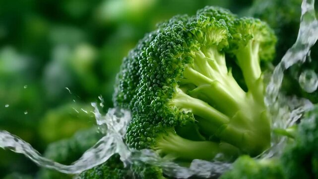 Broccoli on a vivid green background with dramatic water splash, droplets frozen in motion around textured florets, high-detail rendering of vegetable surface and water, bright stu