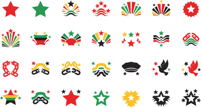 Collection of African diaspora symbols and icons in red, Green, Yellow, And black