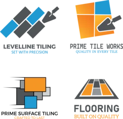 Set von modernen Fliesenleger und Bodenleger Logos mit Kelle und Fliesenmustern © djdarkflower