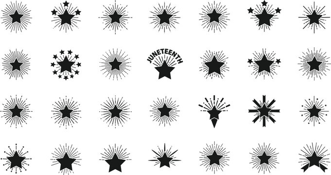 Collection of black starburst icons and Juneteenth symbols on white