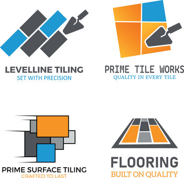 Set von modernen Fliesenleger und Bodenleger Logos mit Kelle und Fliesenmustern
