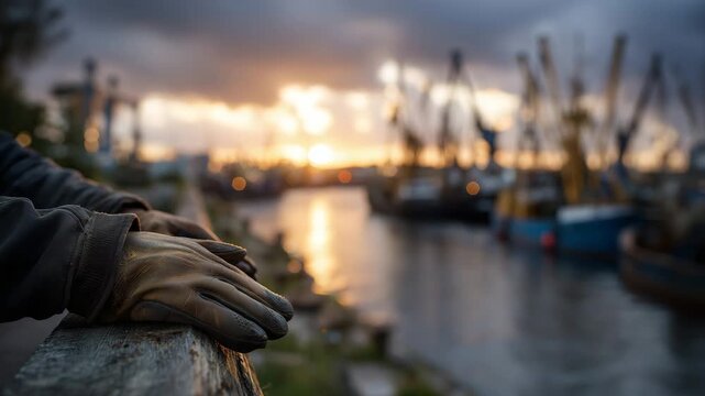 Cinematic close-up of anonymous hands in clean gloves resting on a weathered metal railing, calm port waters reflecting sunset hues, cranes and docked vessels softly blurred in the