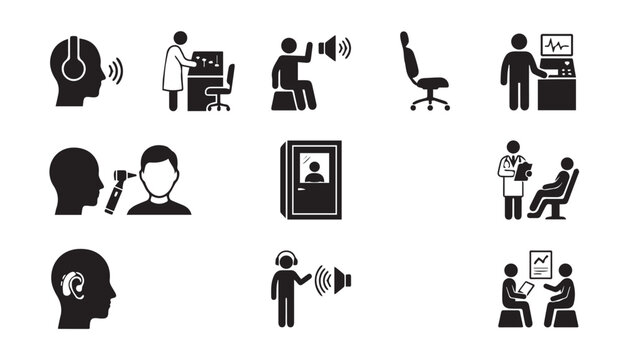 Hearing test and audiology icons set for medical examination and ear health
