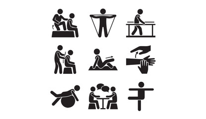 Rehabilitation and sports injury recovery icons: exercise, physiotherapy symbols © Vector Galaxy