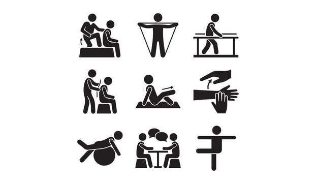 Rehabilitation and sports injury recovery icons: exercise, physiotherapy symbols