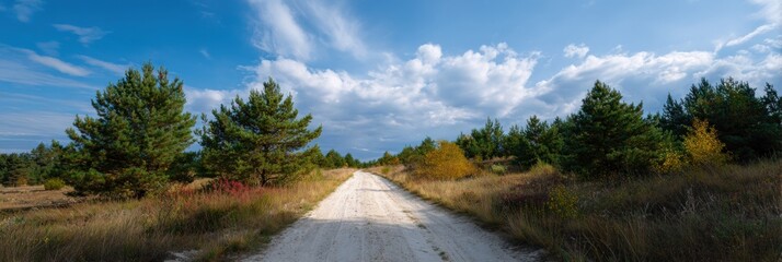 Naklejka premium Dirt road through sparse pine and heathland under a vast blue sky with wispy clouds panoramic late summer landscape