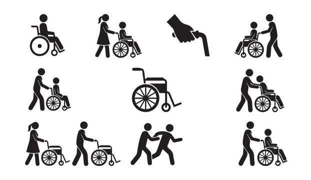 People with wheelchairs: diverse disability assistance and support icons