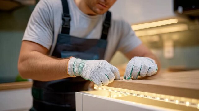 Cinematic medium shot of gloved hands connecting a sleek LED strip under a kitchen cabinet, glowing warm light reflecting on smooth surfaces, careful attention on wiring and connec