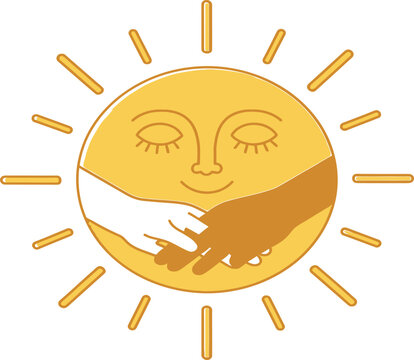 A whimsical depiction of a smiling sun with a partial eclipse or shadowed face Vector