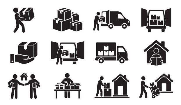 Moving and delivery service logistics black glyph icons set