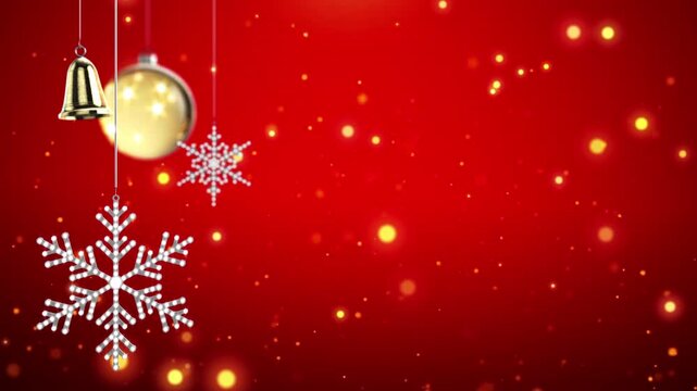 Snowflake and golden jingle bell with bauble Hang on Red Background