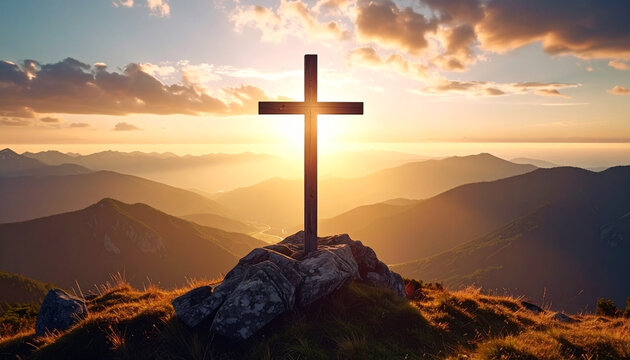 Wooden Cross in the mountains symbol of hope. Easter, resurrection, renewal during holy week christian faith background
