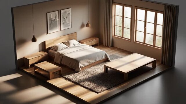 A minimalist bedroom design is rendered in a clean, isometric perspective. Natural light streams through large windows, illuminating the serene space.