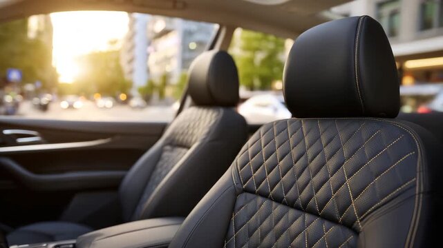 Close-up of a new black car interior showing luxurious front seats with diamond-patterned quilted leather, soft ambient light highlighting stitching, sleek dashboard visible in bac