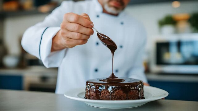 Close-up of a professional chef slowly pouring glossy dark chocolate ganache over a perfectly round cake, thick liquid cascading in a smooth reflective sheet, elegant drip effect f