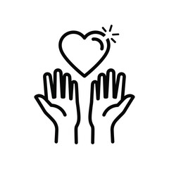 Obraz premium Minimalist line art icon of two hands reaching up to hold a shining heart, representing charity, love, and community support for non-profit organizations and humanitarian aid.