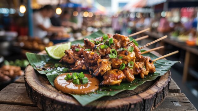 Indonesian cuisine. 
Sate Ayam, or chicken satey. The dish is served on a banana leaf with toasted peanut sauce, garnished with fresh green onions and a slice of lime.