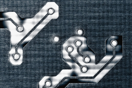Extreme macro of PCB copper traces parallel lines and solder points, industrial cold blue look