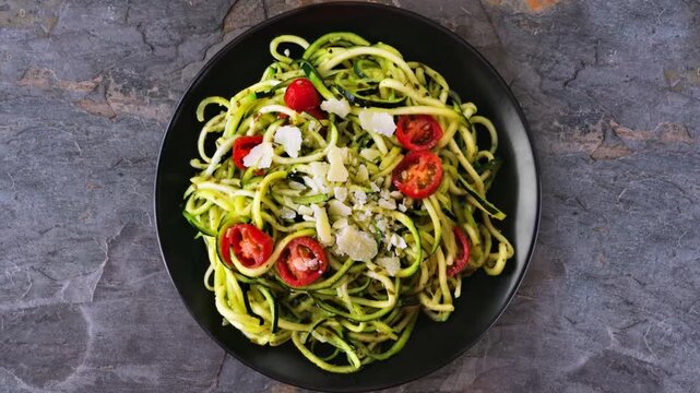 Zucchini pasta topped with tomatoes and basil pesto. Slow rotating zoom motion. Top view on a dark slate background. Healthy eating, low carb diet concept.
