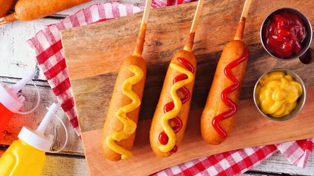 Corn dogs with mustard and ketchup. Slow rotating zoom motion. Top view table scene over a wood background.