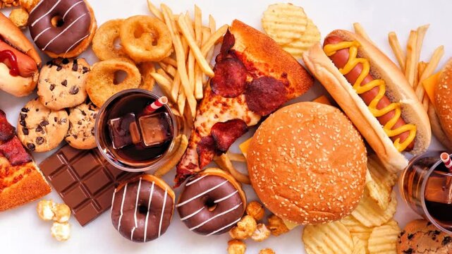 Junk food scattered over a white marble background. Slow rotating zoom motion. Collection of take out and fast foods. Pizza, hamburgers, french fries, chips, hot dogs, sweets. Top view.