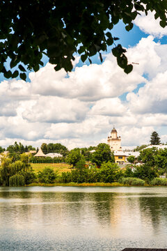 Beautiful view of Pasarea Monastery (Pustnicu Monastery) historical church architecture in the forest near Bucharest