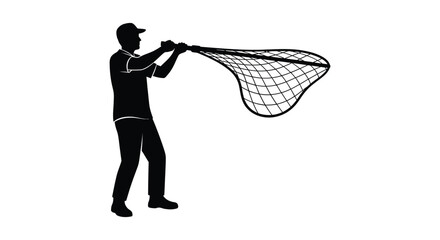 A fisherman stands poised holding a large dip net ready to scoop presented as a striking silhouette high quality professional detailed © rabbivay