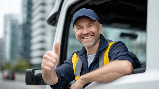 Close-up of cheerful truck driver leaning out of the vehicle window, giving thumbs up, shallow depth of field blurring the cityscape behind, package near cabin window partially vis