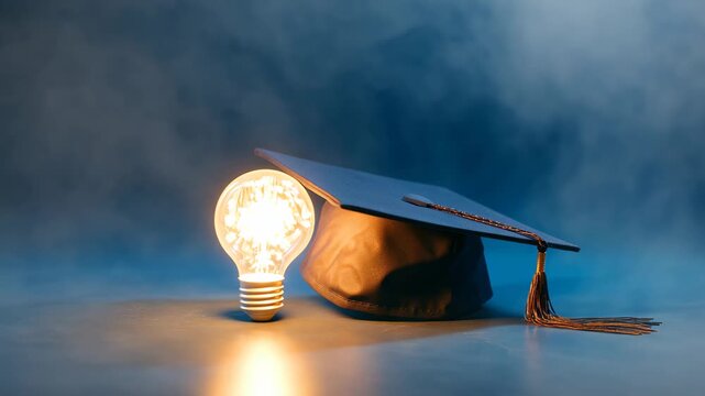 Graduation Cap and Light Bulb Idea Symbolizing Achievement and Innovation Cinematic Lighting