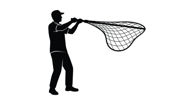 A fisherman stands poised holding a large dip net ready to scoop presented as a striking silhouette high quality professional detailed
