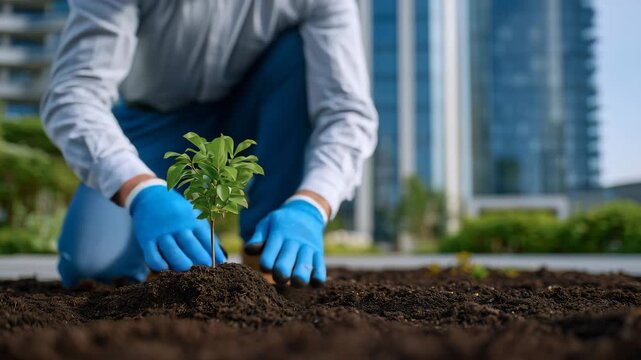 Close-up of faceless hands carefully positioning a cherry sapling in rich green soil, sunlight highlighting textures of soil and leaves, urban park with contemporary building facad