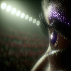 Extreme close-up fan eye with purple glitter makeup at stadium event