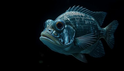 Fototapeta premium A wide-eyed deep-sea fish with reflective scales and a melancholic expression floats in the dark abyss.