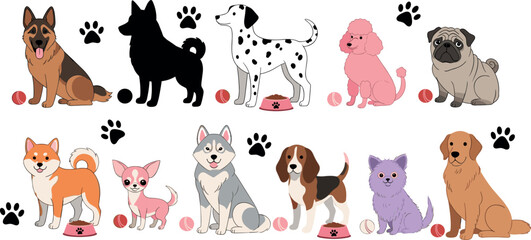 Fototapeta premium Dog Breed Character Set Featuring German Shepherd, Shiba Inu, Dalmatian, Poodle, Pug, and Other Dogs with Toys for Pet-Themed Illustrations and Designs