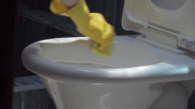 Cleaning toilet bowl with glove and sponge &ndash; bathroom hygiene and sanitation concept