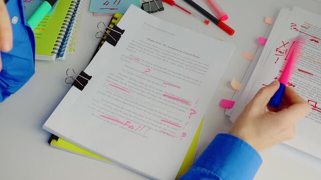 Person analyzing written pages and marking changes, showing the proofreading process involved in reviewing and correcting written content