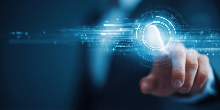 Businessman touching digital interface with glowing circle. Innovative technology for data management and interaction. Virtual reality and futuristic computing system for business concept.