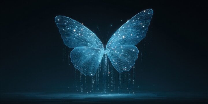 Glowing digital butterfly made of light lines and particles. Innovative hitech concept representing metamorphosis, transformation and data evolution. Futuristic abstract network design.