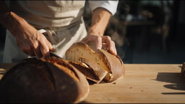 A baker slices fresh artisanal unleavened bread on a wooden board. Atmospheric lighting, crisp crust, and a natural food concept.