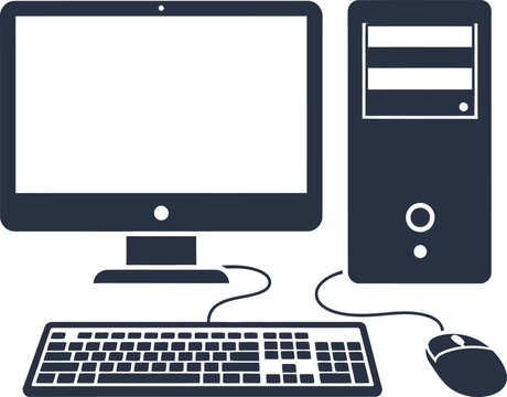 A minimalist black graphic illustration of a desktop personal computer setup on white background Vector