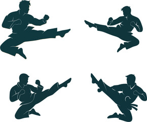 Martial arts karate fighter jumping kick silhouettes collection set, athletic men performing powerful flying side kicks in vector style © MDRONI