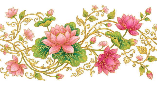 Pink lotus flowers with golden vines decorative pattern in traditional Chinese style