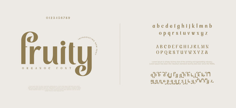 Fruity Elegant Fonts, Uppercase, Lowercase, and Numbers. Classic Letter Fashion Design Vector illustrations, beauty.

