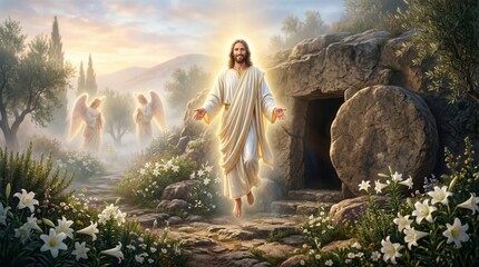 Fototapeta premium Jesus Christ rising from tomb with angels. Resurrection of Savior on Easter Sunday morning. Symbolic scene of faith and hope in biblical garden landscape with white flower and light.