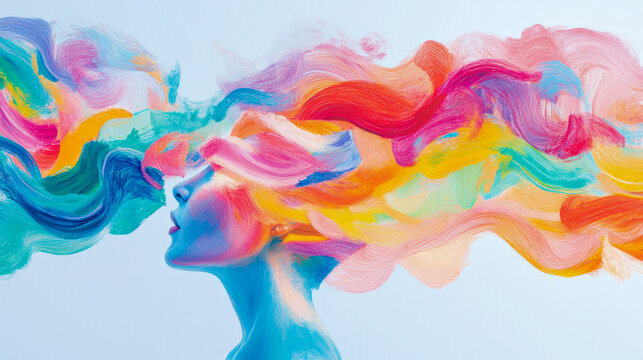 Vibrant Abstract Portrait: woman's profile with explosion of flowing, colorful paint strokes as hair, symbolizing boundless creativity, imagination, and artistic expression from mind.