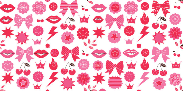 A vibrant seamless pattern featuring an array of pink icons like bows lips cherries and stars